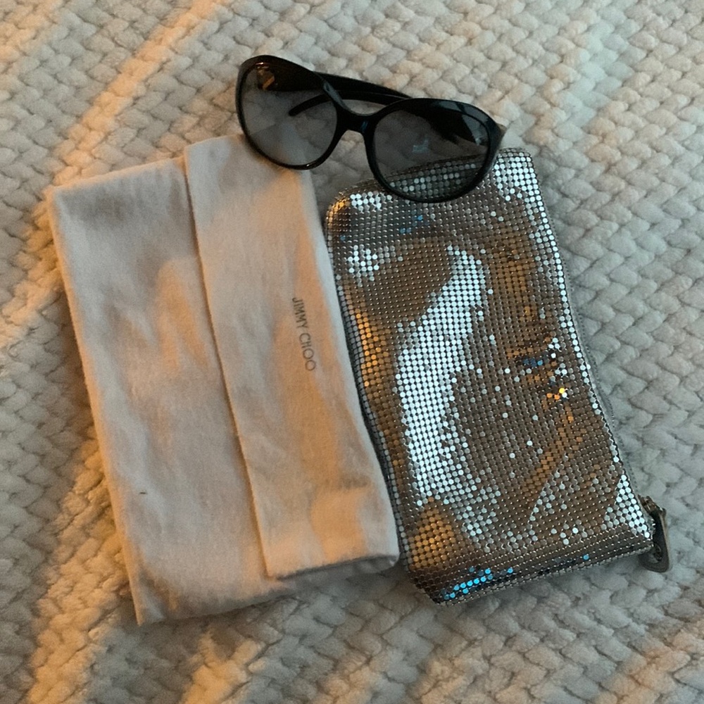 Jimmy Choo Sunglasses, mesh clutch and duster bag
